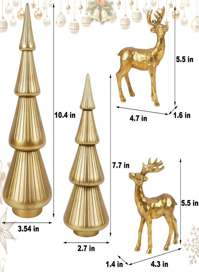 Stentec Set of 4 Christmas Table Decorations, 2 Xmas Trees & 2 Reindeer, Vintage Resin Golden Christmas Figurines for Dinner Party Supply, Tabletop Ornament Winter Mantle Fireplace Shelf Centerpieces - Image 2